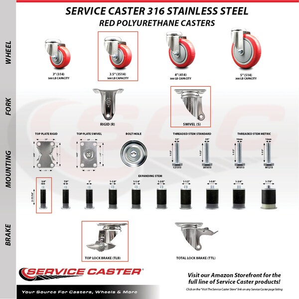 Service Caster 3.5 Inch 316SS Red Polyurethane Swivel 3/4 Inch Expanding Stem Caster Brake SCC-SS316EX20S3514-PPUB-RED-TLB-34 - main